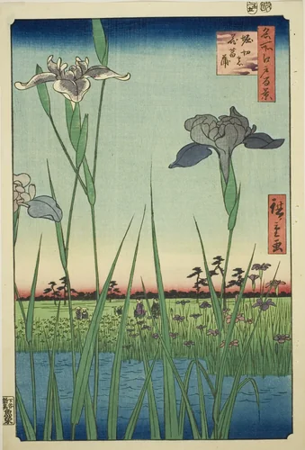 Irises at Horikiri (Horikiri no hanashobu), from the series "One Hundred Famous Views of Edo (Meisho Edo hyakkei)" by Utagawa Hiroshige (歌川広重), print, 1857