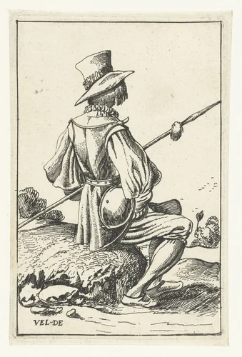 Zittende soldaat op de rug gezien by anonymous, print, 1610
