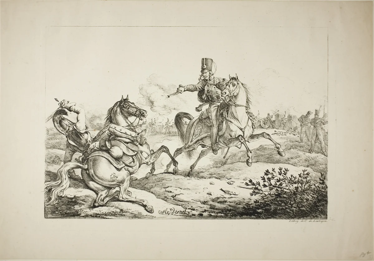 Hussar Discharging his Pistol at a German Dragoon by Carle Vernet, print, 1817