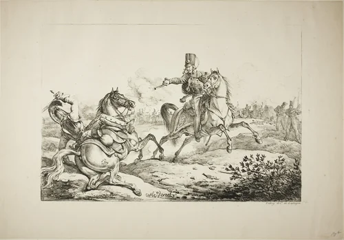 Hussar Discharging his Pistol at a German Dragoon by Carle Vernet, print, 1817