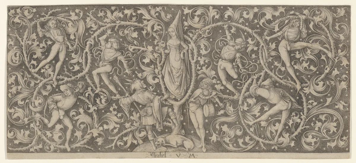 Panel of Ornament with Dance of Lovers by Israhel van Meckenem, print, 1435-1503