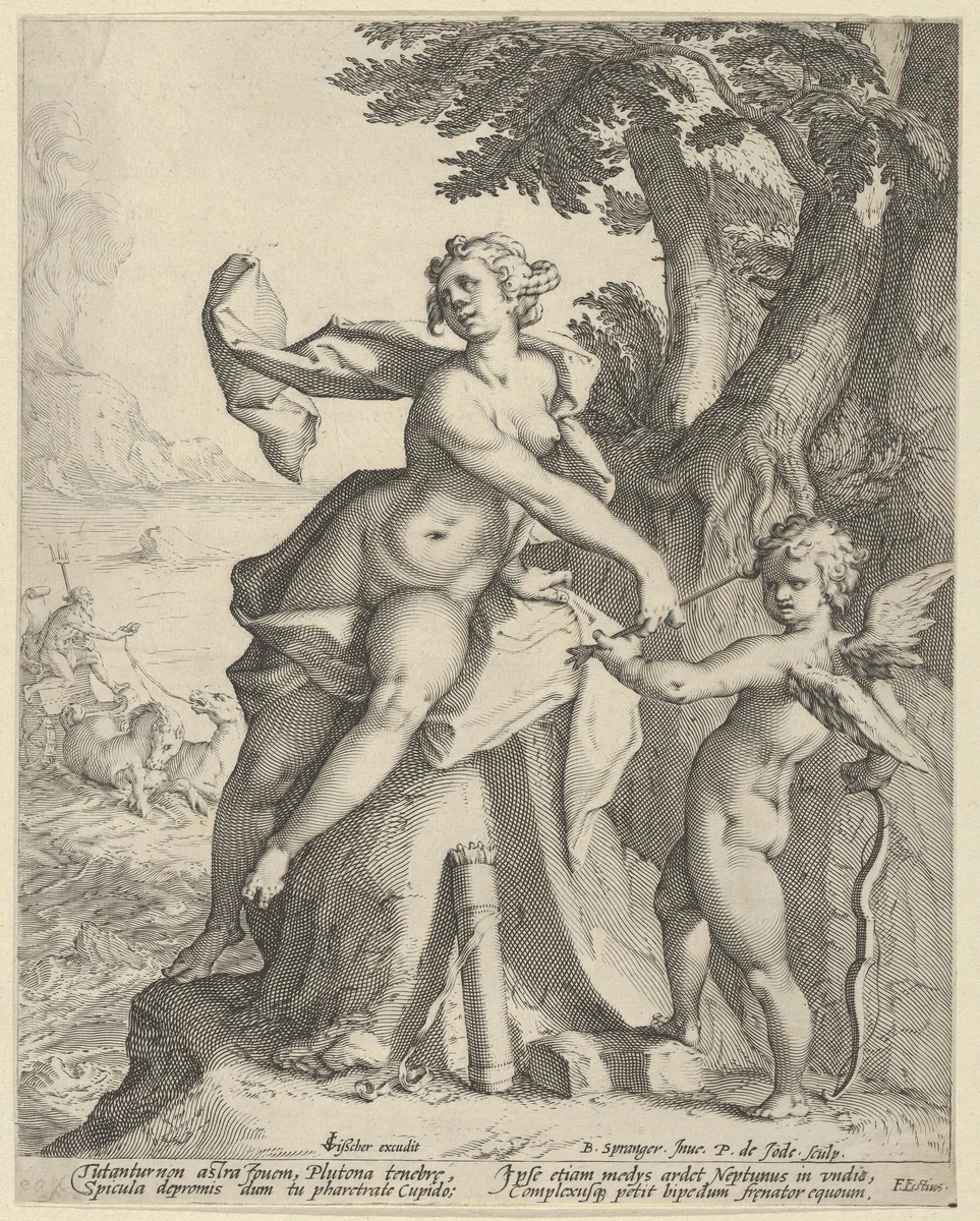 Venus Commanding Cupid to Shoot his Arrow at Pluto by Pieter de Jode, print, 1585-1597