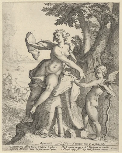 Venus Commanding Cupid to Shoot his Arrow at Pluto by Pieter de Jode, print, 1585-1597