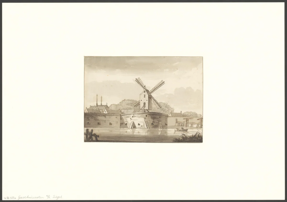 Gezicht op de Gasthuismolen bij het Singel by anonymous, drawing, 1700-1799