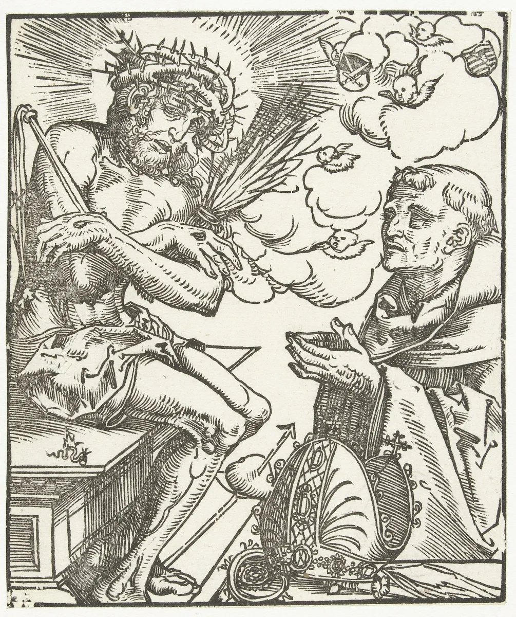 Heilige Bernardus aanbidt Man van Smarten by Unknown, print, 1482-1553