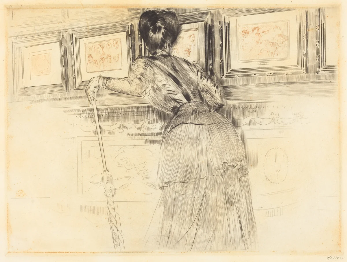 In Front of the Watteaus in the Louvre by Paul-César Helleu, print, 1895