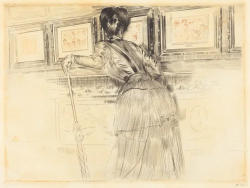 In Front of the Watteaus in the Louvre by Paul-César Helleu, print, 1895