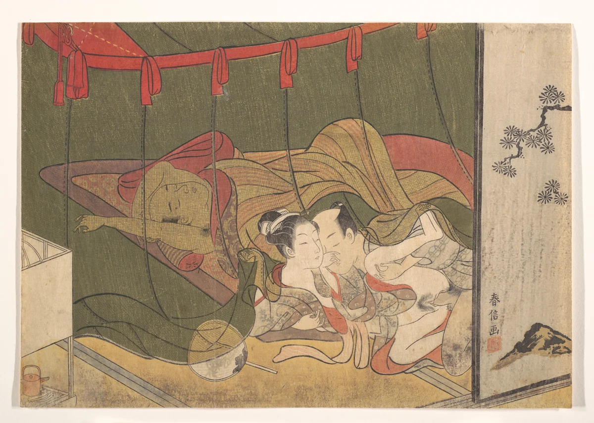 Lovers Beneath a Mosquito Net by Suzuki Harunobu (鈴木春信), print, 1725-1770