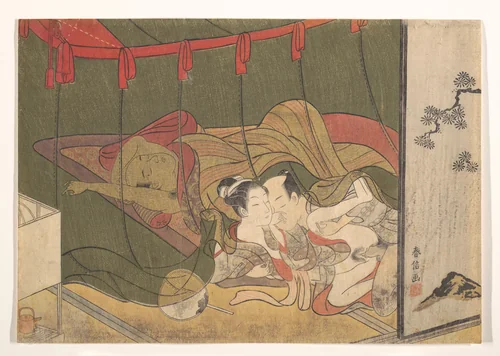 Lovers Beneath a Mosquito Net by Suzuki Harunobu (鈴木春信), print, 1725-1770