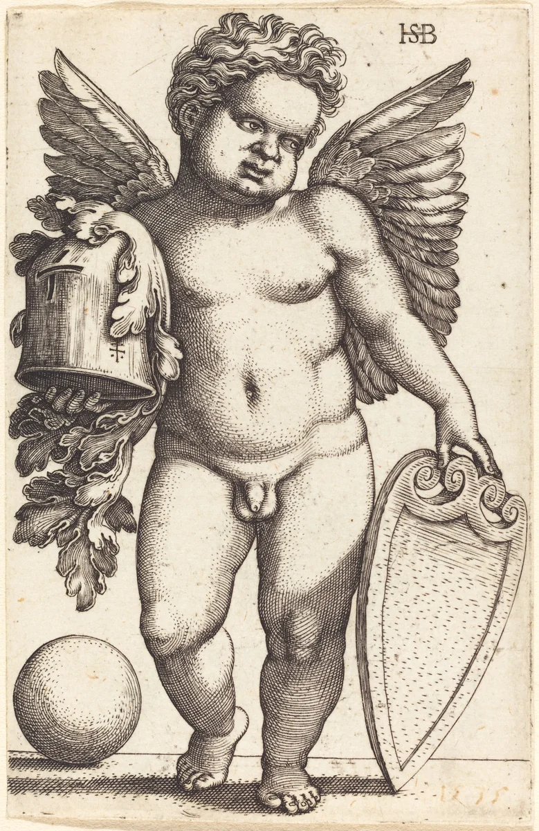 Male Genius Holding a Coat of Arms by Sebald Beham, print, 1535