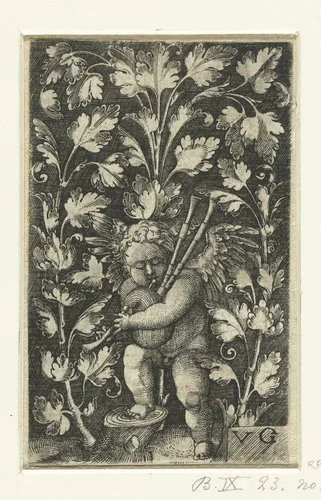 Ornament met doedelzakspelende putto by Unknown, print, 1530-1540