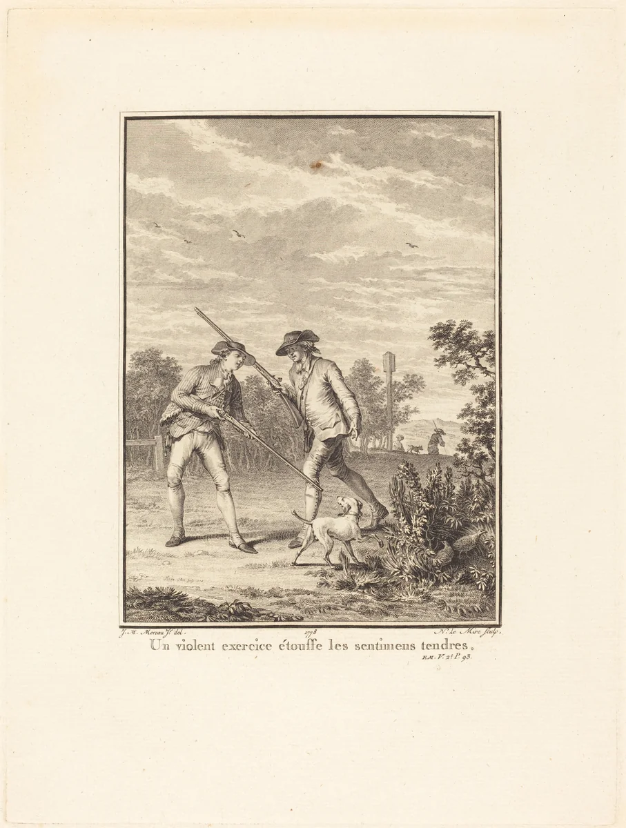 Un violent exercice étouffe les sentimens tendres by Noël Le Mire, Jean-Michel Moreau the Younger, print, 1778