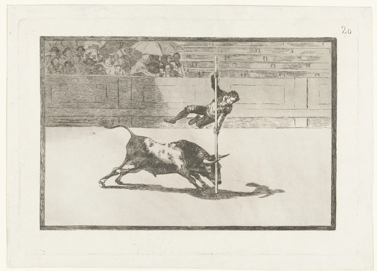 Juanito Apiñani in de arena van Madrid by Francisco de Goya, print, 1811-1816