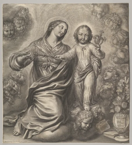 Virgin and Child Surrounded by Cherubs' Heads by Grégoire Huret, print, 1660