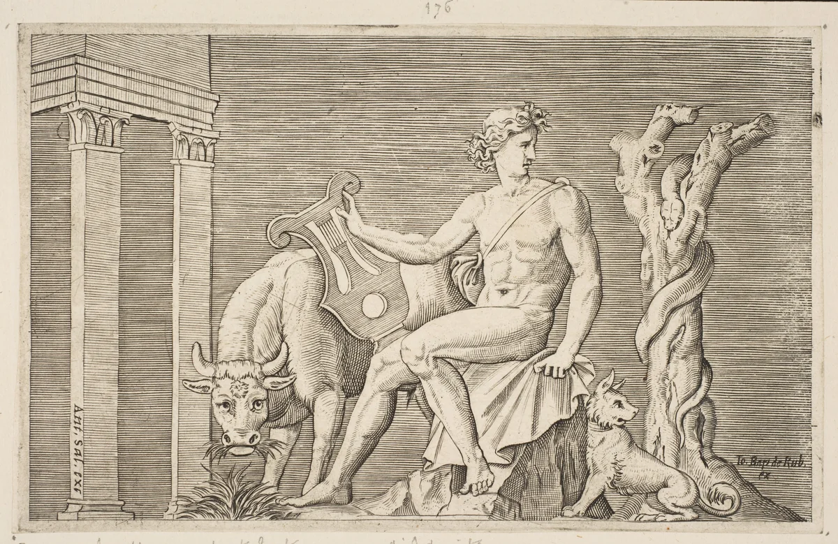 Apollo tending the flocks of Admetus, Apollo seated holding a lyre and flanked by a cow and a dog, a serpent winding around a dead tree at right by Marco Dente, print, 1510-1532