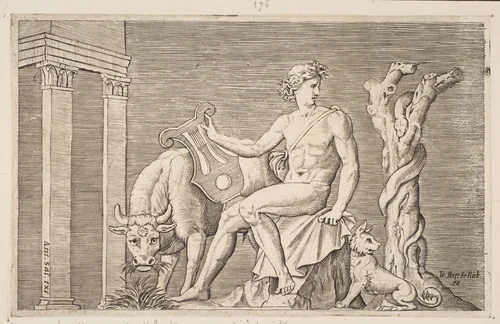 Apollo tending the flocks of Admetus, Apollo seated holding a lyre and flanked by a cow and a dog, a serpent winding around a dead tree at right by Marco Dente, print, 1510-1532