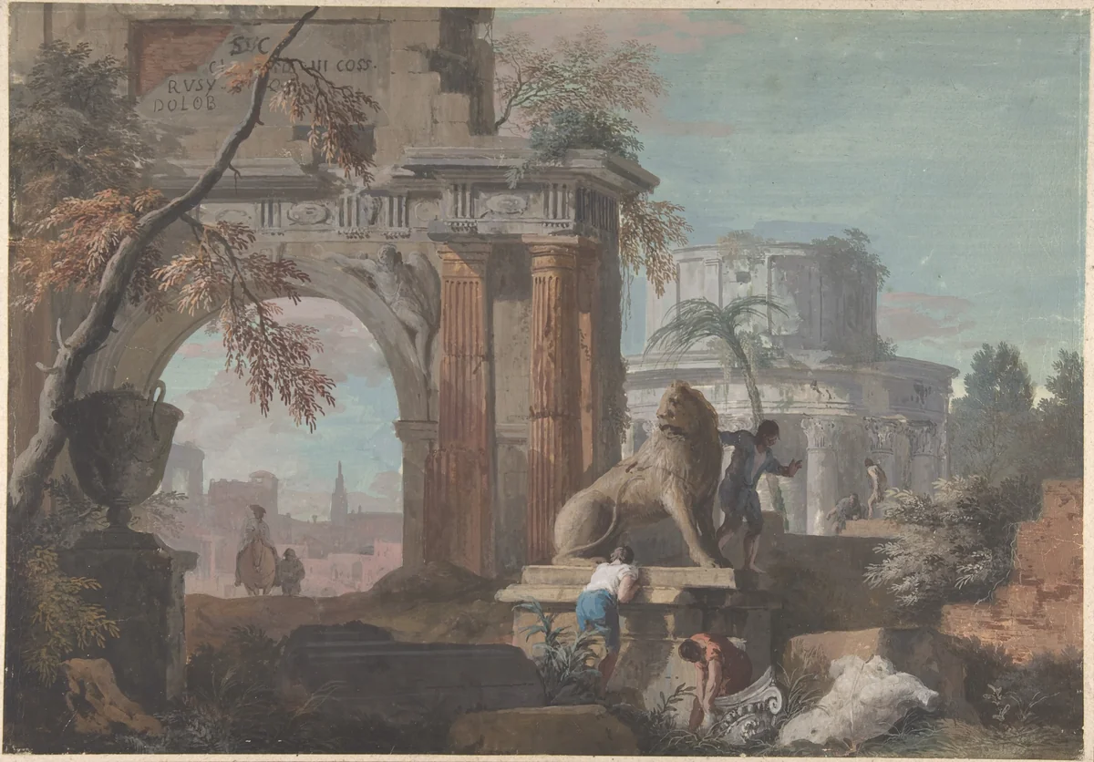 Capriccio with Roman Ruins by Marco Ricci, drawing, 1676-1730