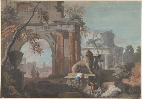 Capriccio with Roman Ruins by Marco Ricci, drawing, 1676-1730