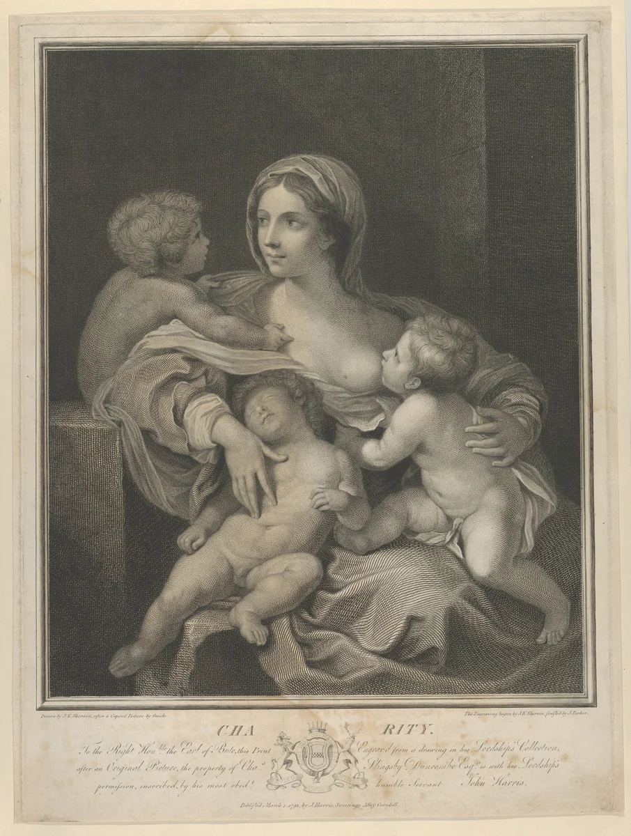 Charity seated nursing an infant, another sleeping on her lap and a third talking to her, after Reni by John Keyse Sherwin, print, 1793