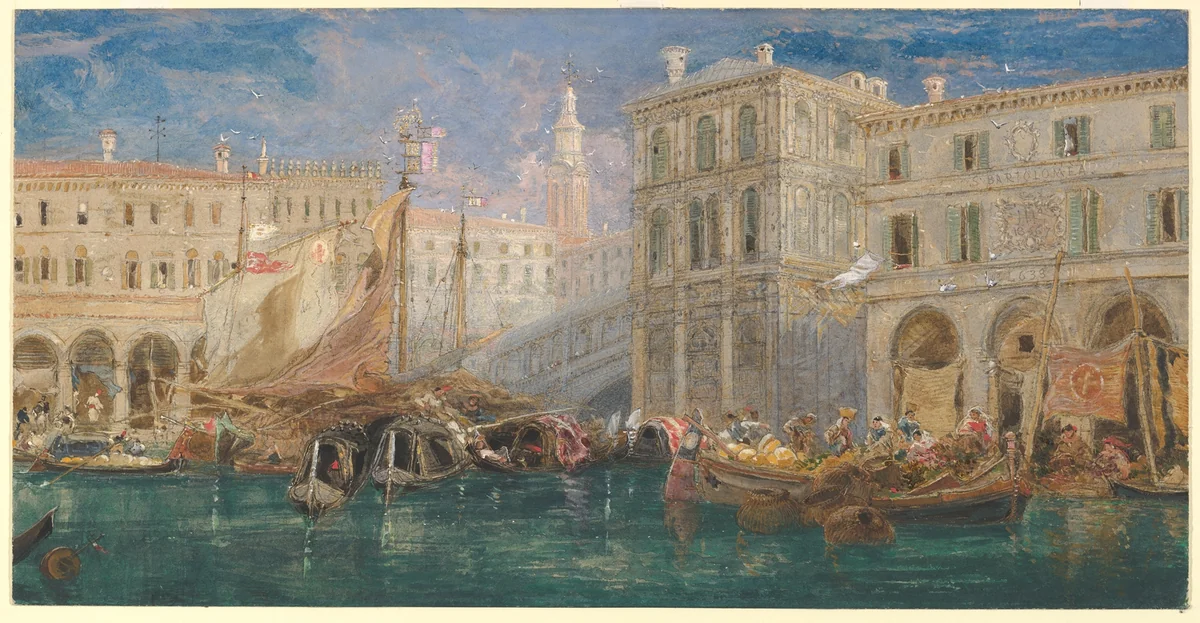 The orange market, with the Rialto Bridge beyond, Venice by James Holland, drawing, 1867