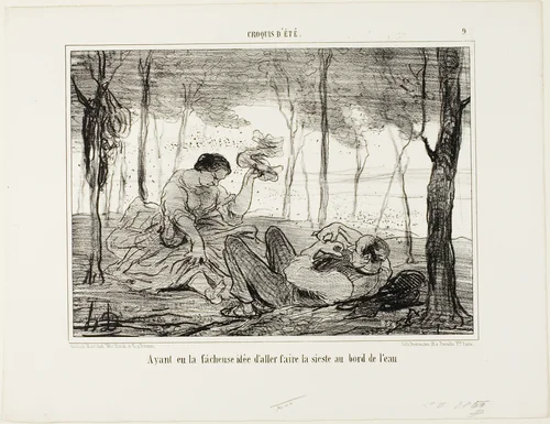 Having had the unfortunate idea to go take a nap at the water's edge, plate 9 from Croquis D'été by Honoré-Victorin Daumier, print, 1856