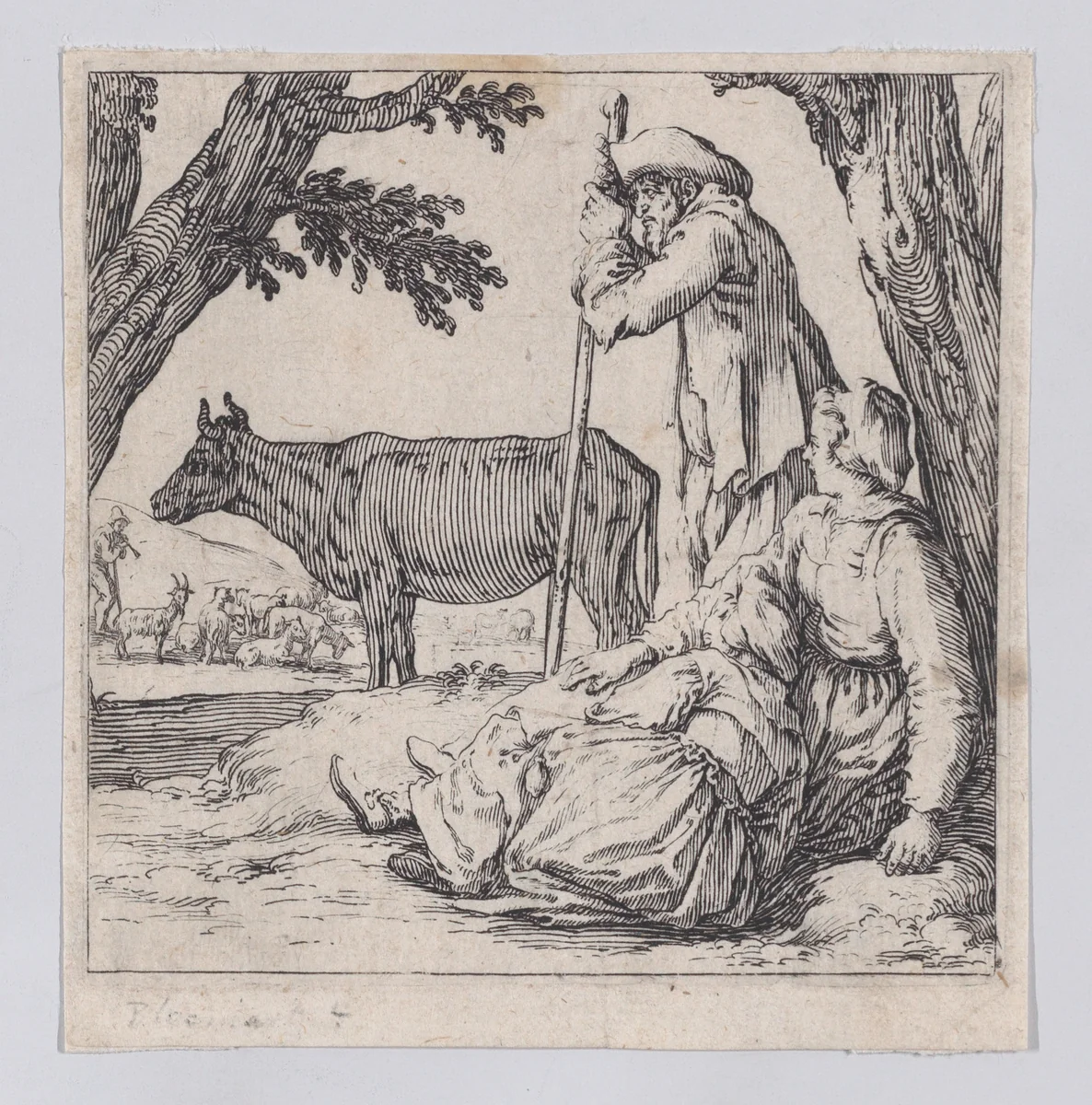 La Paysan Gardant un Boeuf Près de sa Femme et de sa Fille (The Peasant Watching his Ox Near his Wife and Daughter), from Varie Figure (Various Figures) by Jacques Callot, print, 1615-1625