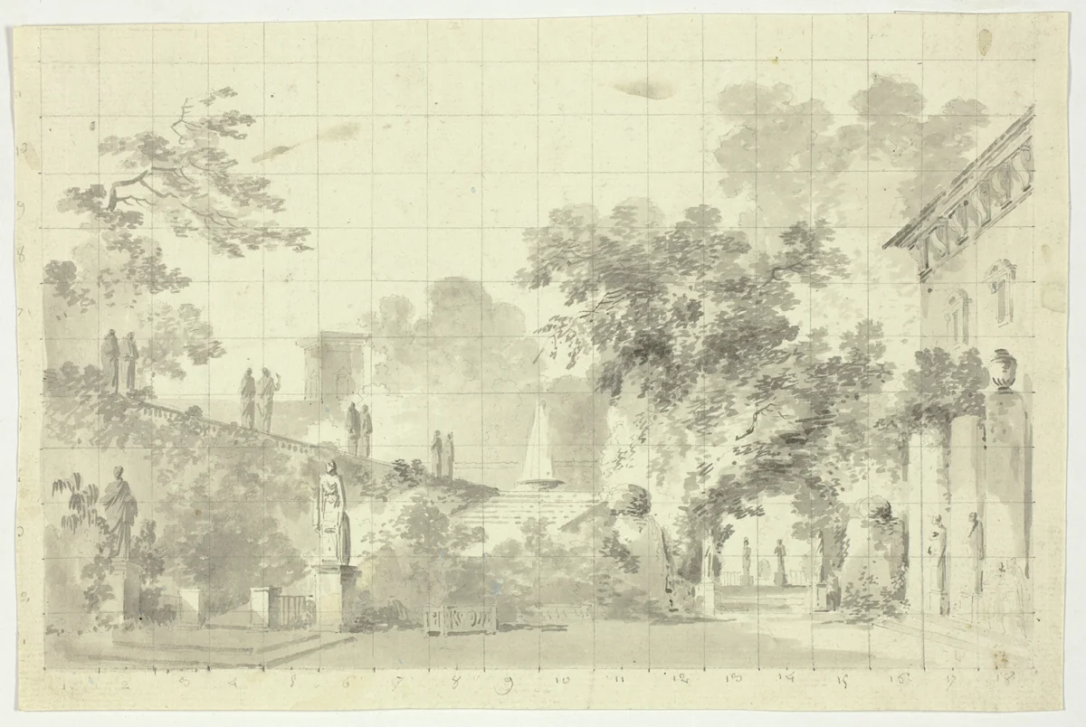 View of the Park at Versailles: Statues and a Fountain by Pierre Antoine Mongin, drawing, 1781-1827