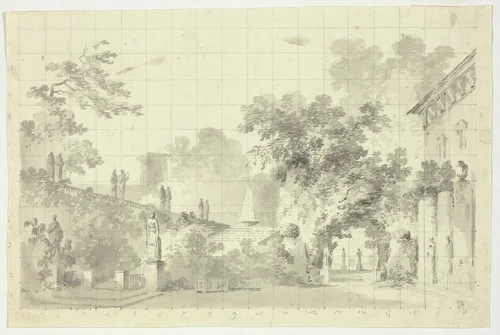 View of the Park at Versailles: Statues and a Fountain by Pierre Antoine Mongin, drawing, 1781-1827
