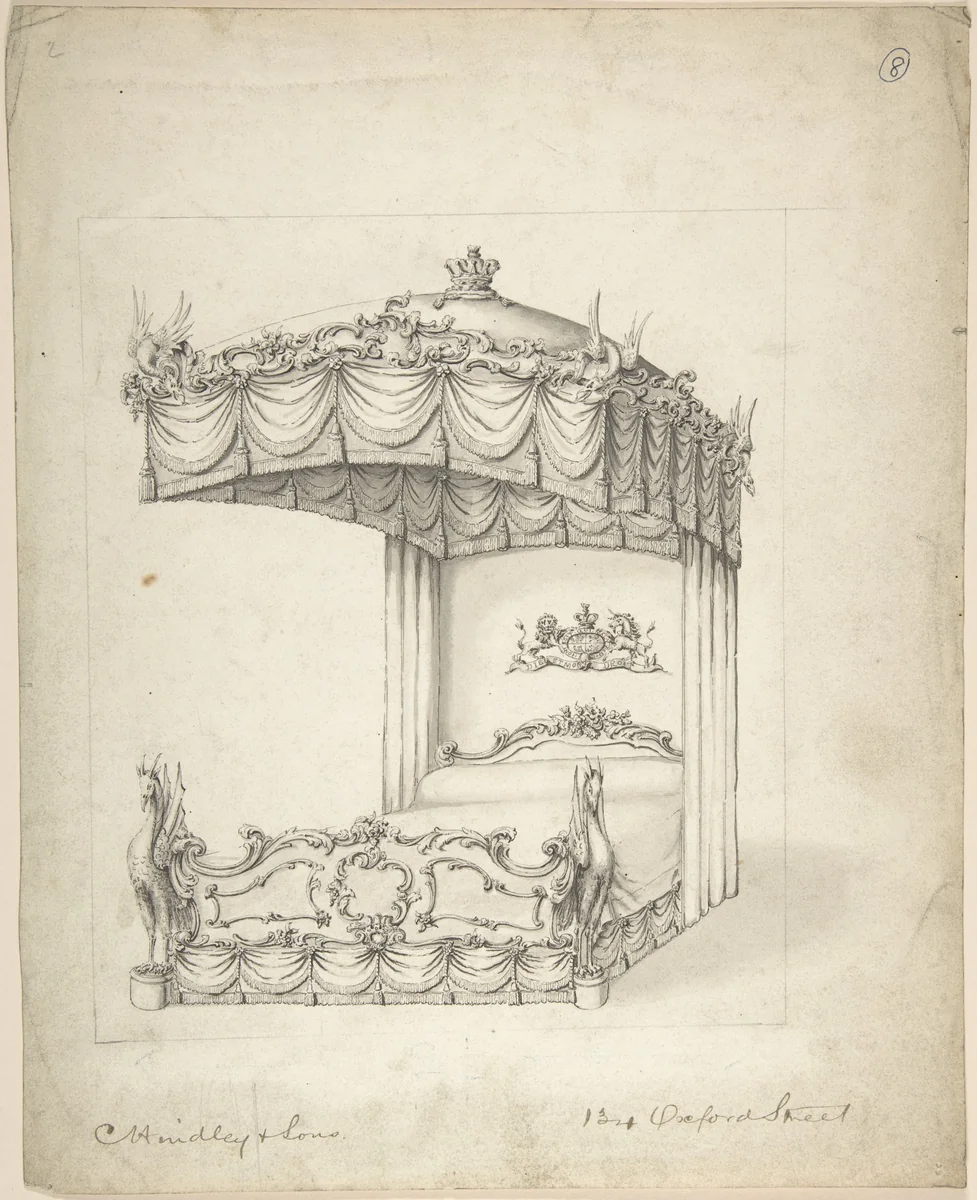 Design for Bed and Canopy by Charles Hindley and Sons, drawing, 1841-1884