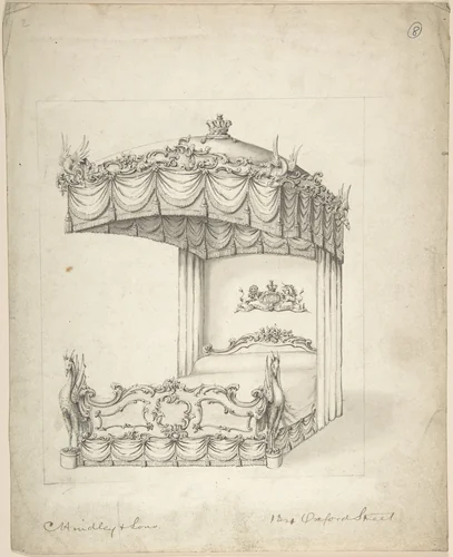 Design for Bed and Canopy by Charles Hindley and Sons, drawing, 1841-1884