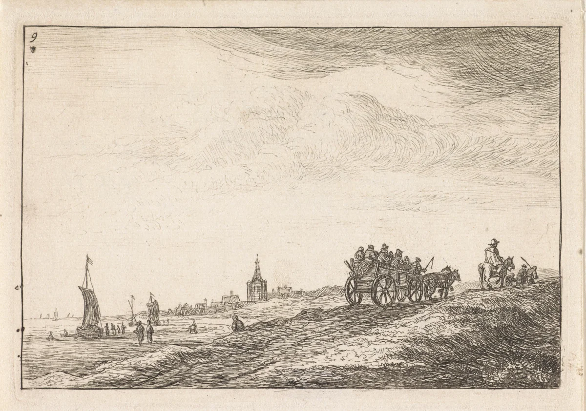 Kustlijn met paard en wagen by Anthonie Waterloo, print, 1630-1663