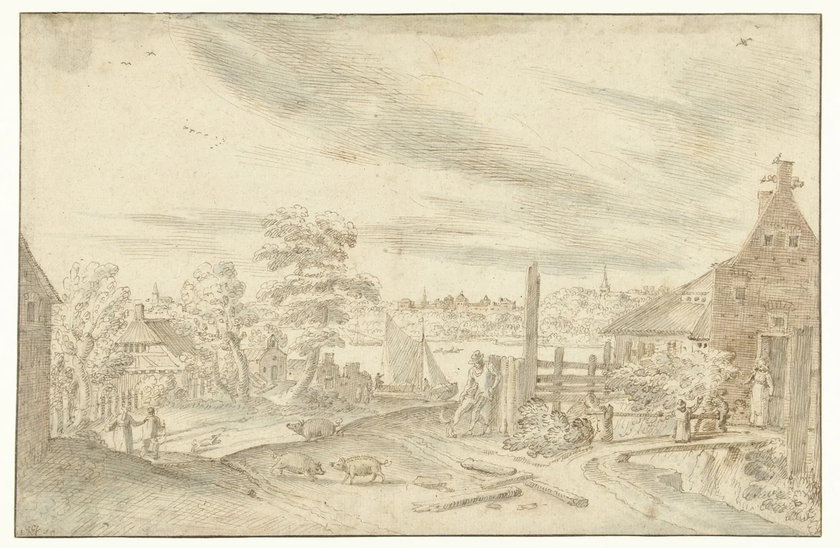 Gezicht op een rivier bij een veerhuis by Hendrick van Cleve, drawing, 1584