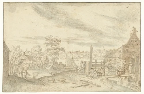 Gezicht op een rivier bij een veerhuis by Hendrick van Cleve, drawing, 1584