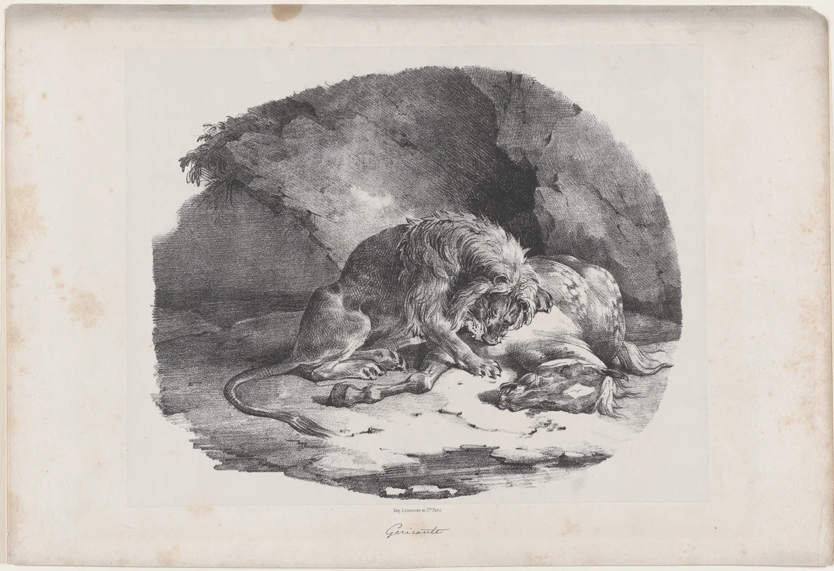 A Horse Being Eaten by a Lion by Théodore Gericault, print, 1823