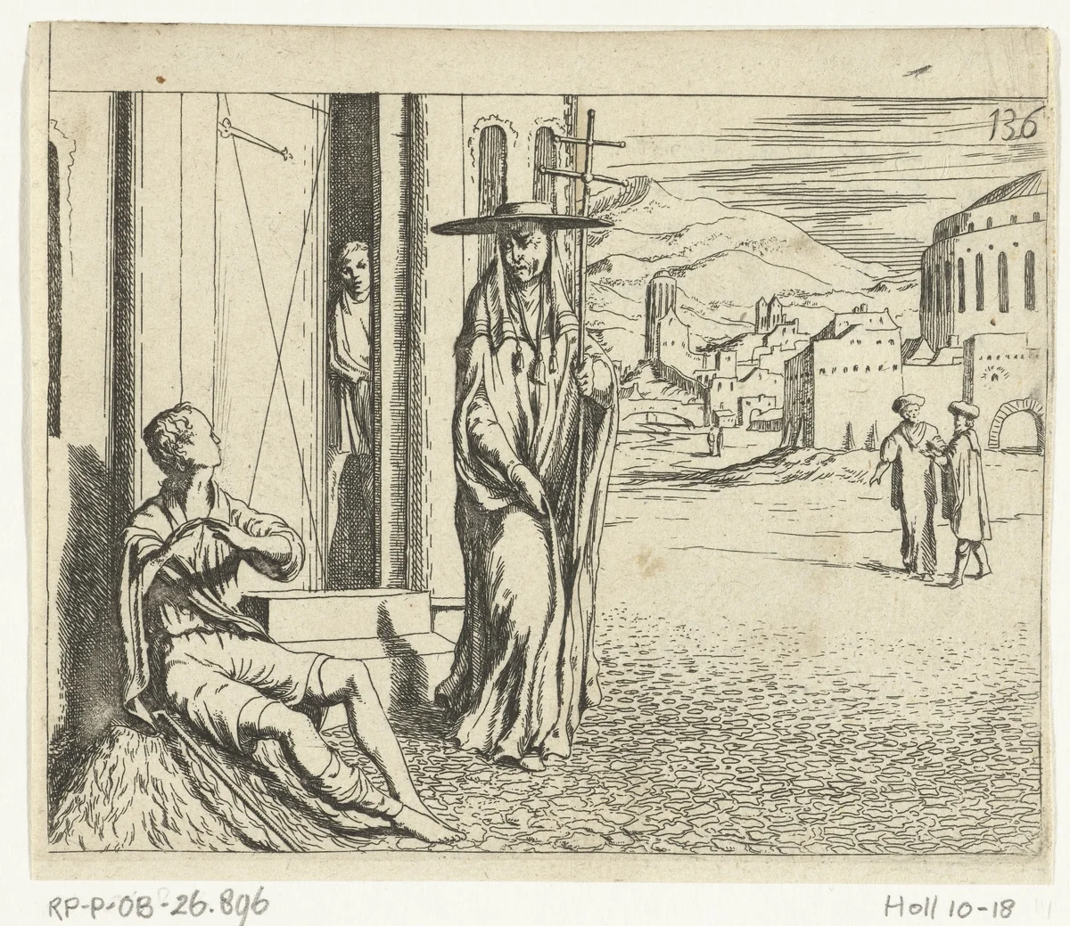 Gusman d'Alfarache als bedelaar opgemerkt door kardinaal in Rome by Jan de Bray, print, 1655-1697