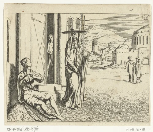 Gusman d'Alfarache als bedelaar opgemerkt door kardinaal in Rome by Jan de Bray, print, 1655-1697