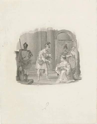 Een soldaat maakt een jonge vrouw avances by Henricus Wilhelmus Couwenberg, print, 1830-1845