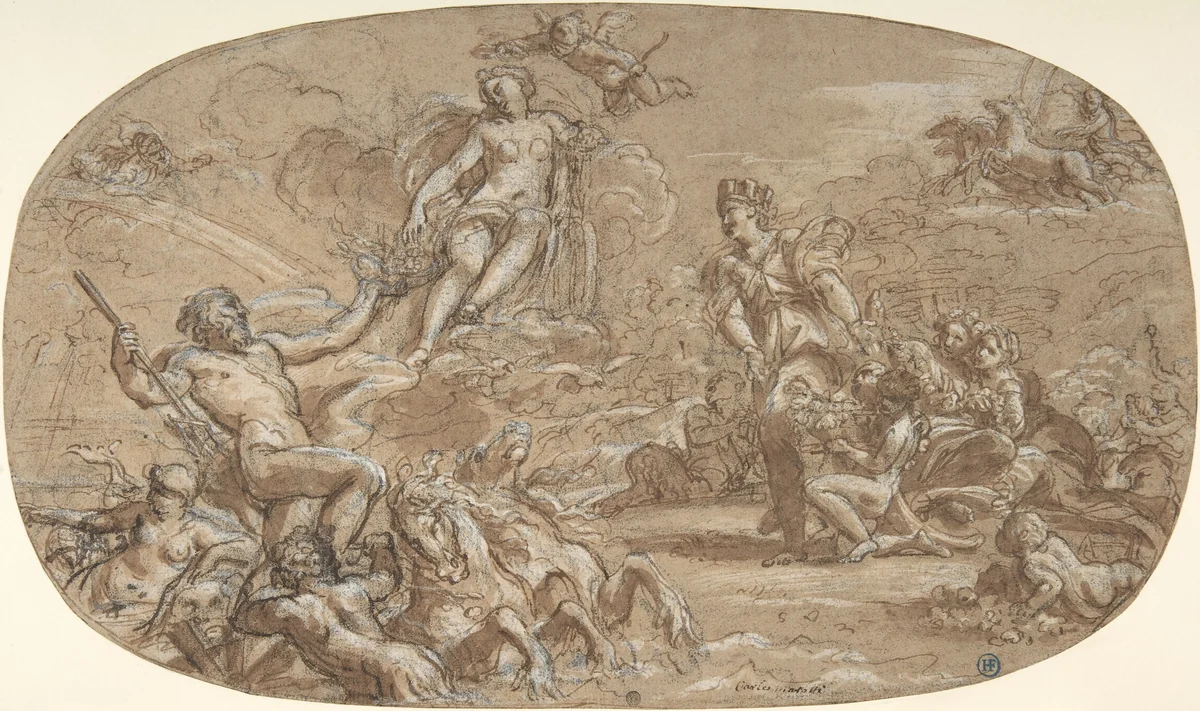 The Birth of Venus, with Neptune, Cybele and the Chariot of the Sun (Homage to Venus) by Niccolò Berrettoni, drawing, 1665-1675