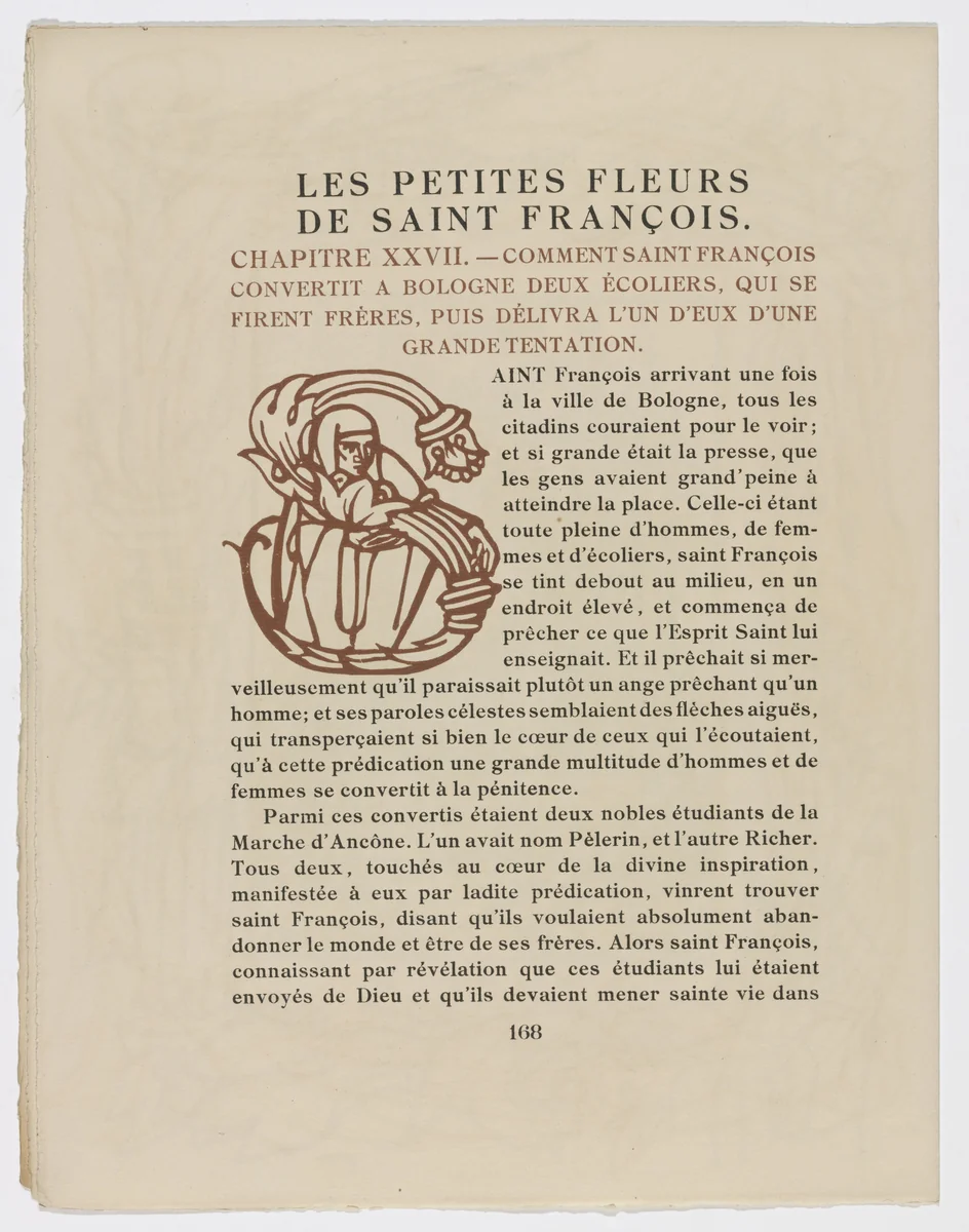 Pictorial initial (page 168) from Les Petites Fleurs de St. François (The Little Flowers of St. Francis) by Émile Bernard, illustrated book, 1928