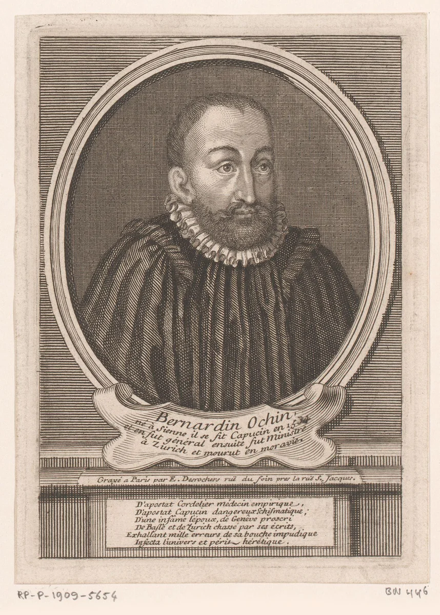 Portret van Bernardino Ochino by Étienne Desrochers, print, 1726