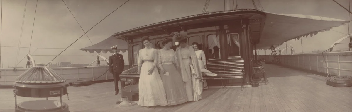 Grand Duchess Xenia with Three Women and a Man on the Deck of Poliarnaia Zvezda by Unidentified Photographer, photograph, 1908
