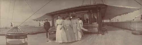 Grand Duchess Xenia with Three Women and a Man on the Deck of Poliarnaia Zvezda by Unidentified Photographer, photograph, 1908