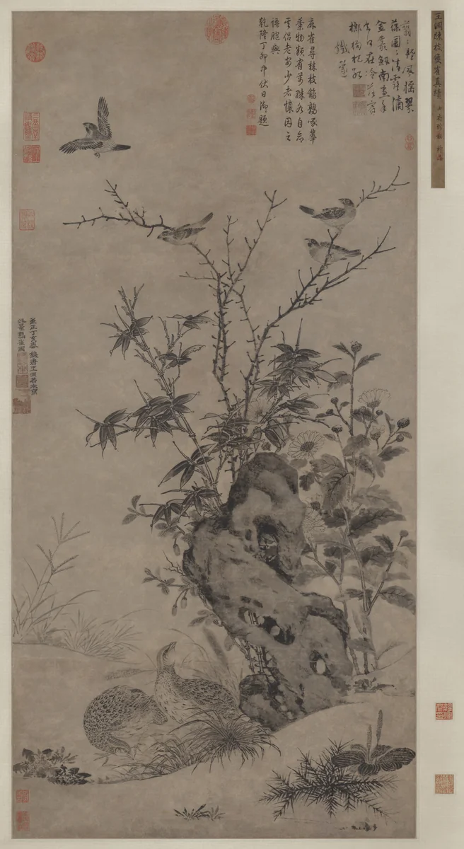 Quails and Sparrows in an Autumn Scene by Wang Yuan, painting, 1347