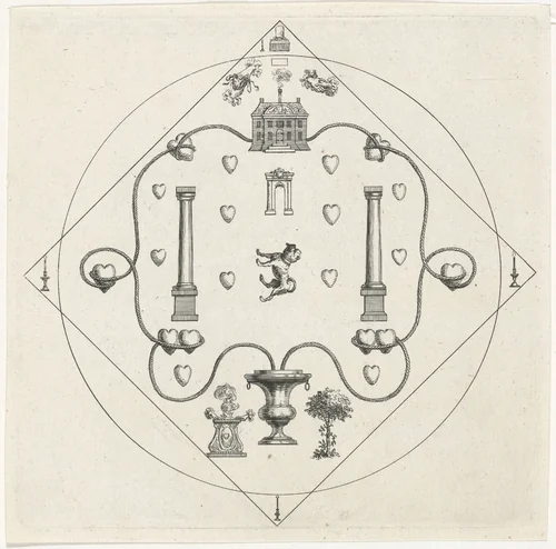 Vignet met hond en harten by Simon Fokke, print, 1722-1784