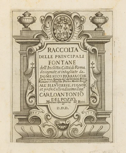 Raccolta delle Principale Fontane dell' Inclitta Città di Roma con la nova Aguinta disegnate da Girolamo Felice Romano et intaglate da Pietro Miotte Borg.ne by Domenico Parasacchi, book, 1651