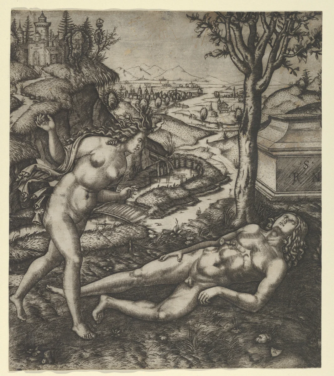 Thisbe finding Pyramus laying on the ground with a knife in his chest by Marcantonio Raimondi, print, 1505