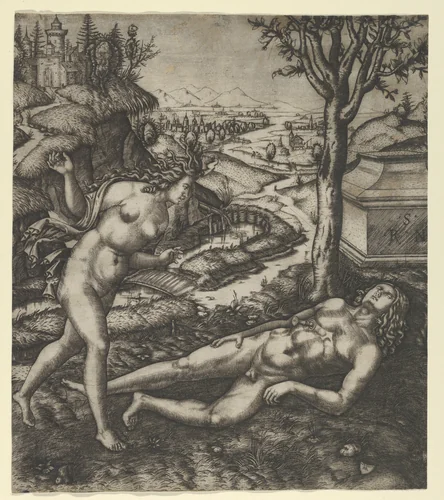 Thisbe finding Pyramus laying on the ground with a knife in his chest by Marcantonio Raimondi, print, 1505