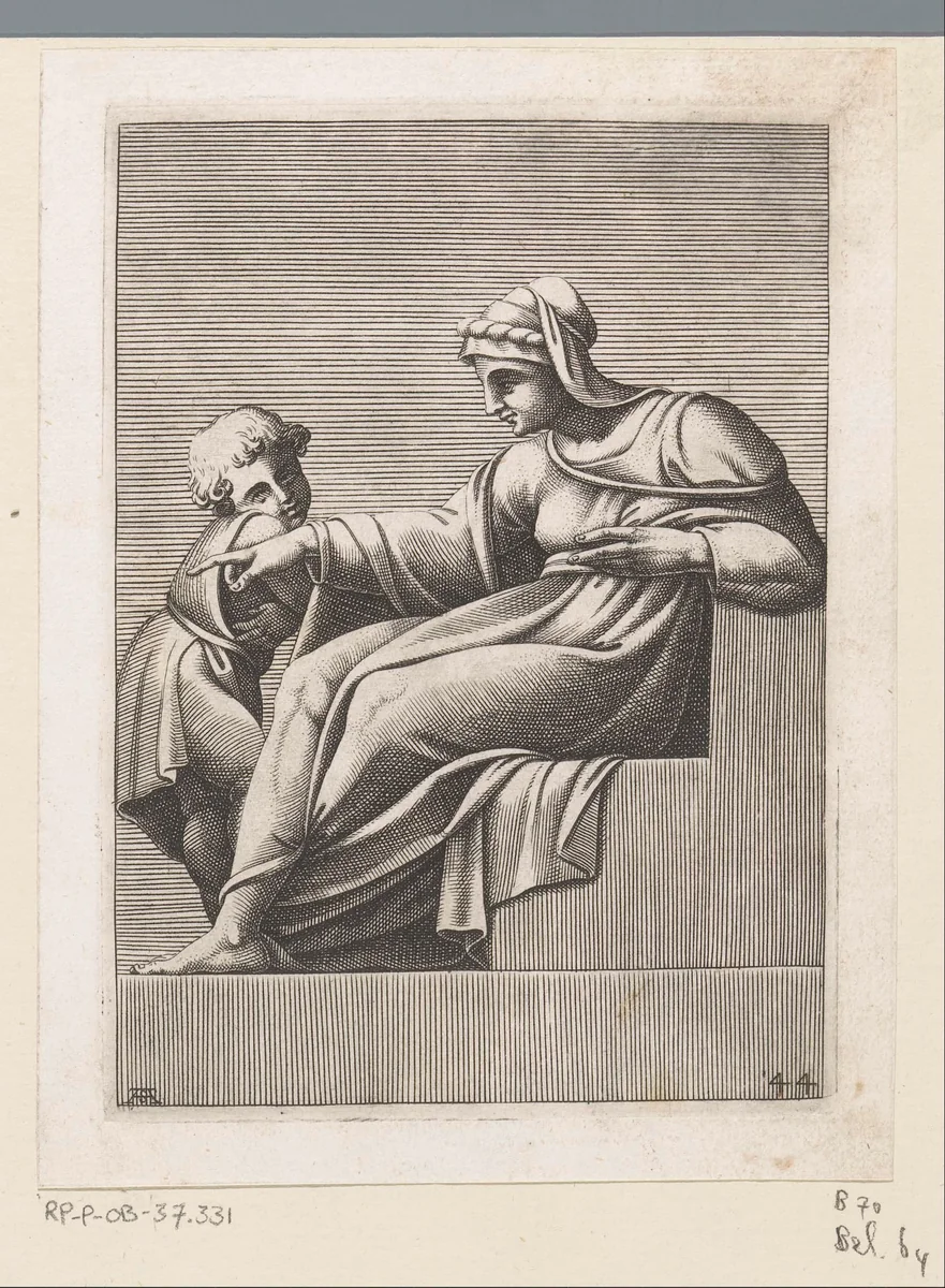 Wijzende vrouw met kind by Unknown, print, 1585