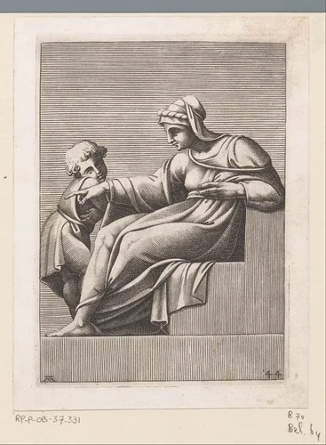 Wijzende vrouw met kind by Unknown, print, 1585