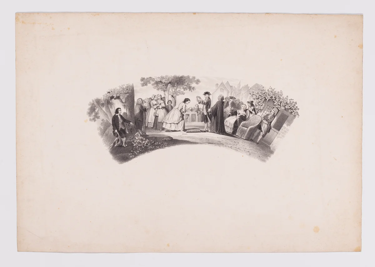 Fan leaf with scene of a young lady being crowned with a flower wreath by anonymous, print, 1800-1899